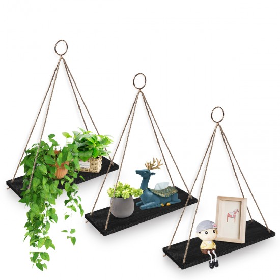 AGSIVO 2 3PCS Wooden Wall Mounted Rope Floating Storage Shelf Kitchen Rack Hanging Shelves Holder AGSIVO 2 3PCS Wooden Wall Mounted Rope Floating Storage Shelf Kitchen Rack Hanging Shelves Holder