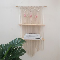2  Tier Bohemia Macrame Woven Wood Mount Shelf Tapestry Tassel Wall Hanging Bookshelf