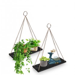 AGSIVO 2 3PCS Wooden Wall Mounted Rope Floating Storage Shelf Kitchen Rack Hanging Shelves Holder