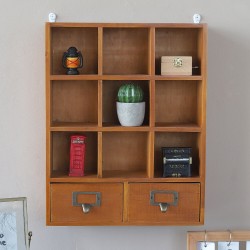 Retro Wooden Storage Cabinet Wall Hanging Storage Shelf with 9 Grid 2 Drawing for Home Office